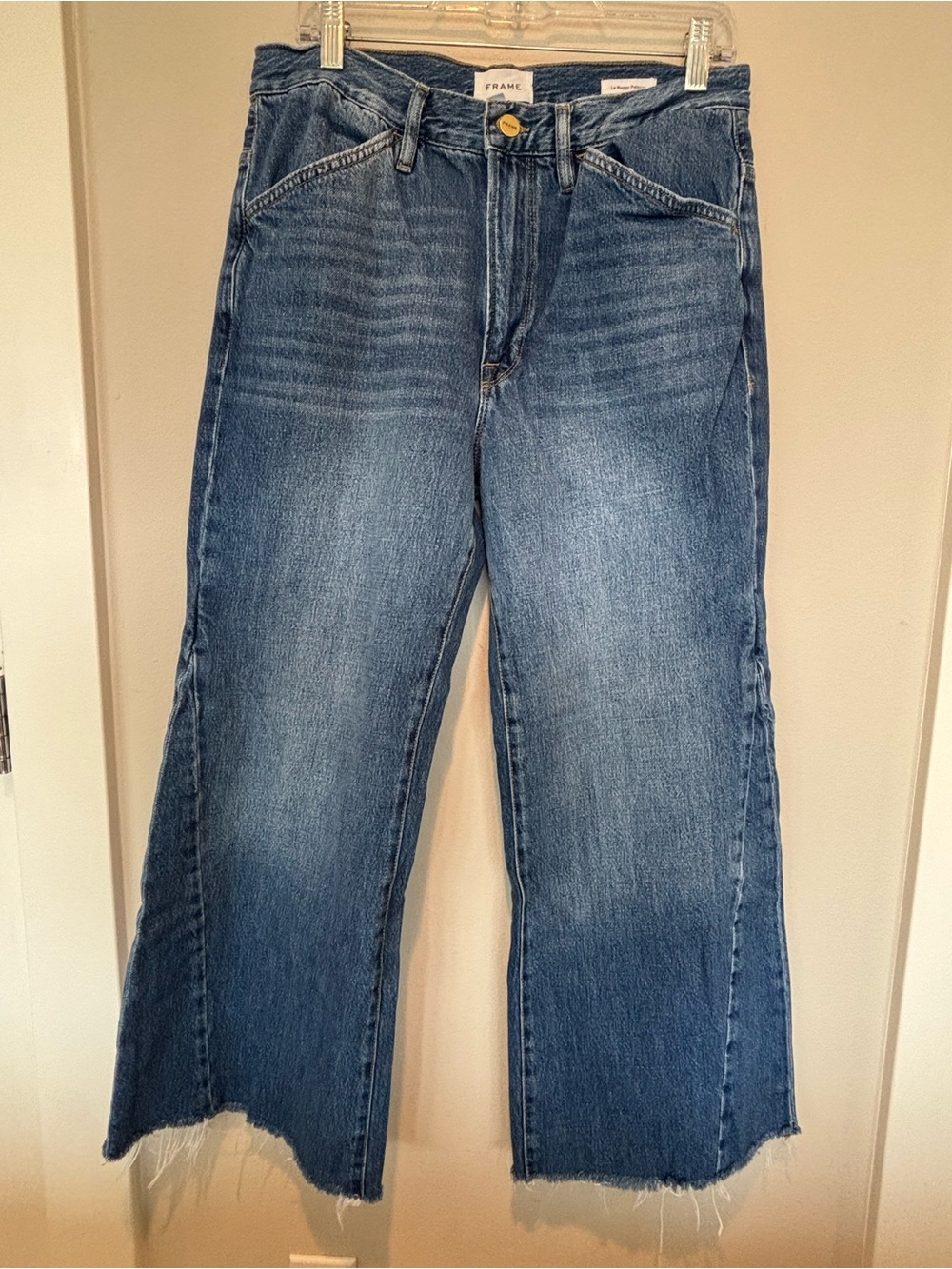 Frame Denim Blue Le Baggy Palazzo Frayed Hem Jeans